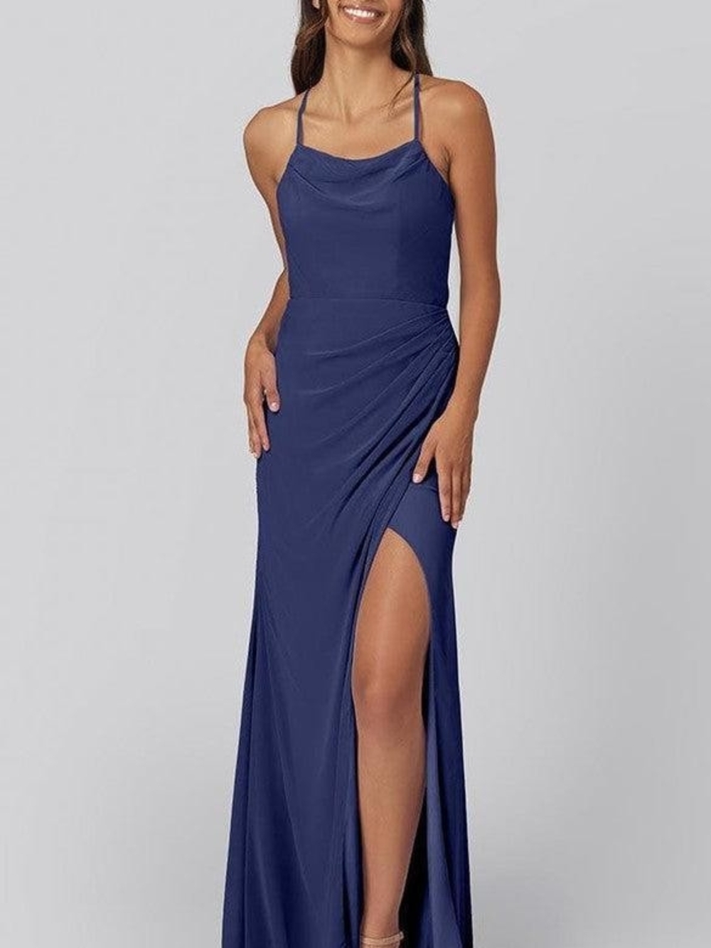 Sue Bridesmaid Eye-Catching Silhouette Saffire  Blue Cowl Neck Halter Maxi Dress